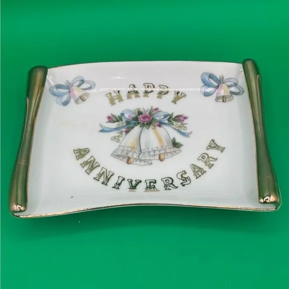 Vintage Lefton Happy Anniversary Trinket Dish 8x6 Japan Stamped #5510 w/Sticker