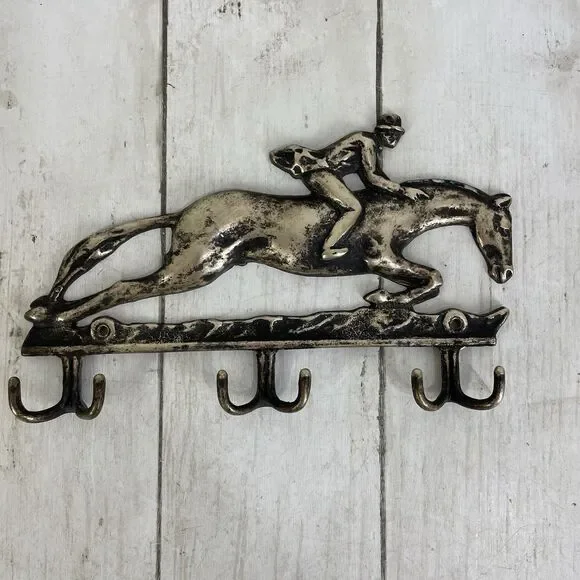 Vintage Brass Horse Rider Wall Hanger Key 6 Hooks