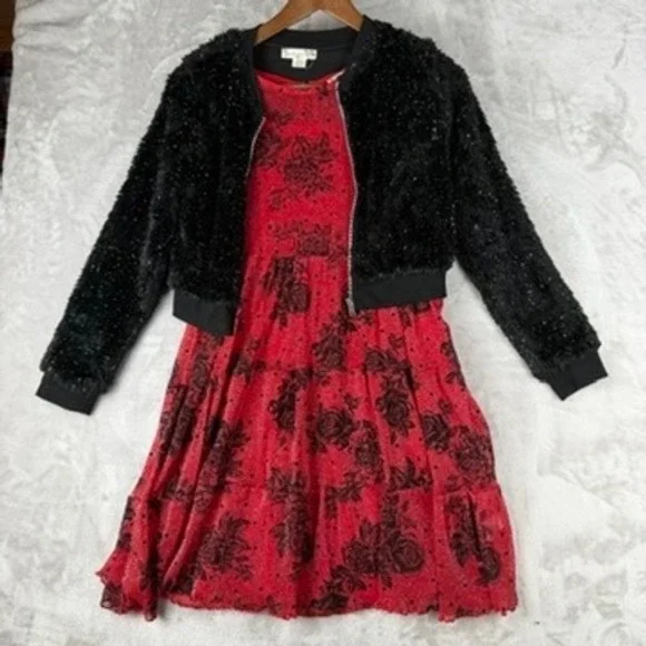 Girls Red Black Rose Print‎ Mesh Tiered Dress Fuzzy Jacket Set 16