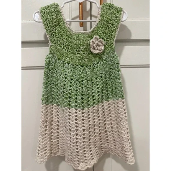 Handmade Crochet Baby Dress Green Cream Floral Accent Sleeveless Knit Girls