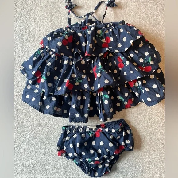 Tucker + Tate dress + diaper cover set. Blue polka dots & cherries, sz 6 month