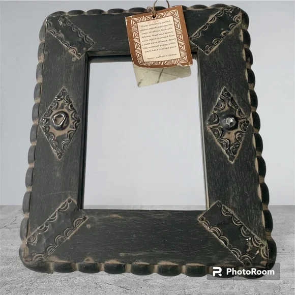 Black Wood Wall Mirror Handcrafted In Ghana Africa W/ Metal Details 10”x12”