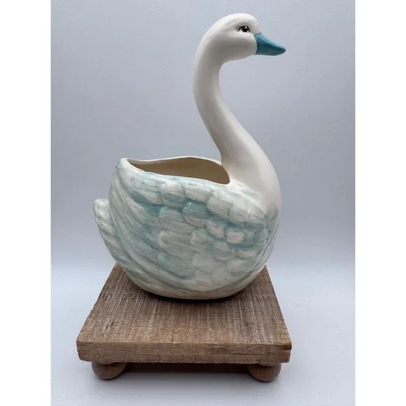 Vintage Ceramic Swan Goose Planter White Blue Hand Painted Cottagecore Decor