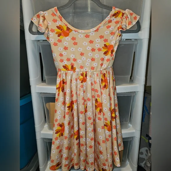 Dot Dot Smile Dress Girl's 5/6 Orange Turkey Flowers Empire Waist
