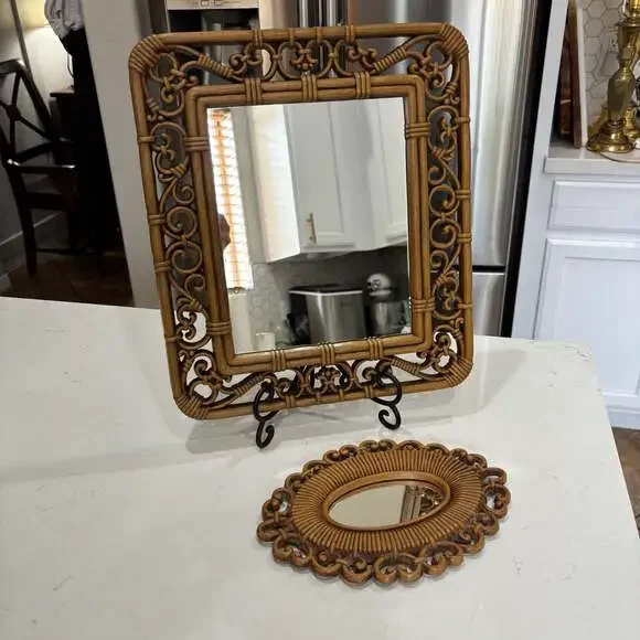 Vintage Syroco Faux Bamboo and Rattan Wall Mirror Set of 2
