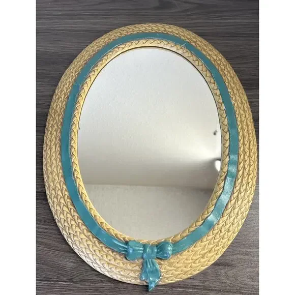 Vintage Burwood Faux Wicker Oval Mirror 2939 Teal Ribbon USA Wall Cottagecore