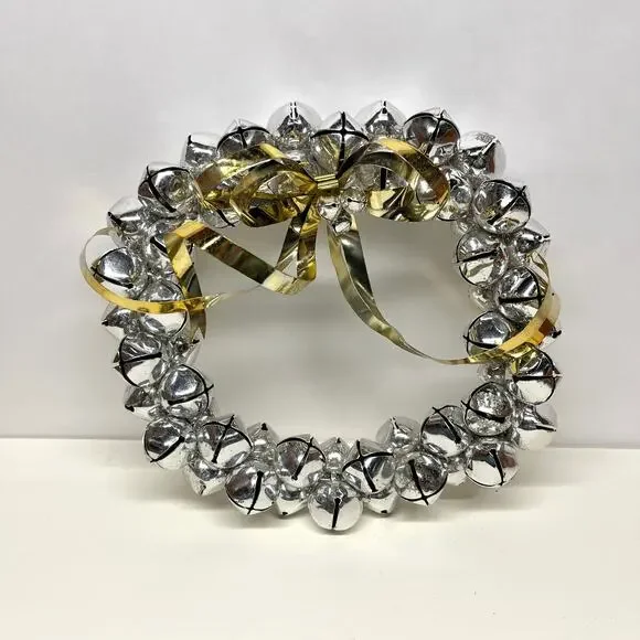 Silver Jingle Bell Wreath with Gold Metal Bow Door Wall Decor