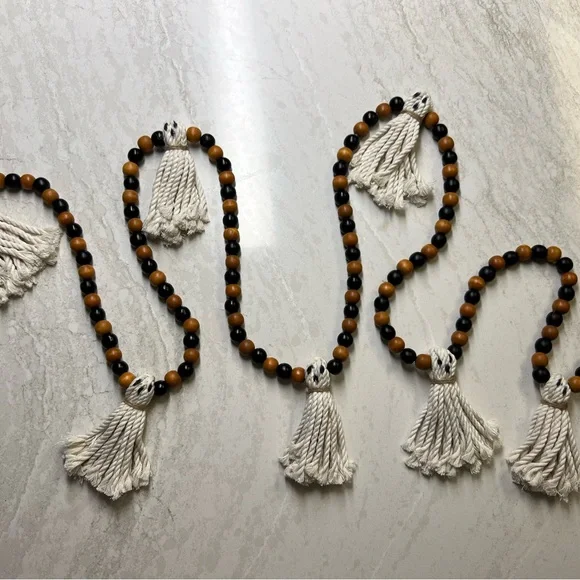 Wooden Halloween Garland 7Ft Ghosts Beaded Handmade Cottage Rustic Farmhouse