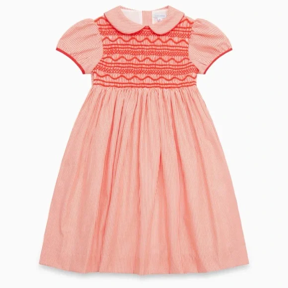 LALLIE LONDON 2T Girl Red Striped Smocked Puff Sleeve Dress Alexis Red