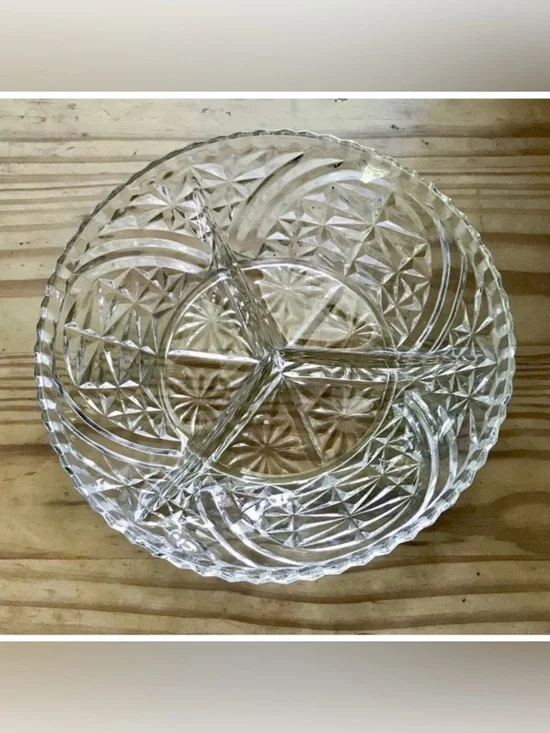 Vintage Pressed Glass Divided Nut Candy Dish Clear Mid Century Modern Fairy Core