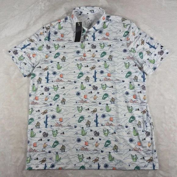 Adidas Polo Shirt Men's 2XL XXL White Perforated Desert Arizona Cactus Snake NWT