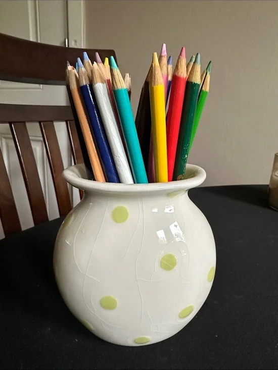 Pottery Barn Cream Ceramic Vase with Lime Dot Detail. Vintage