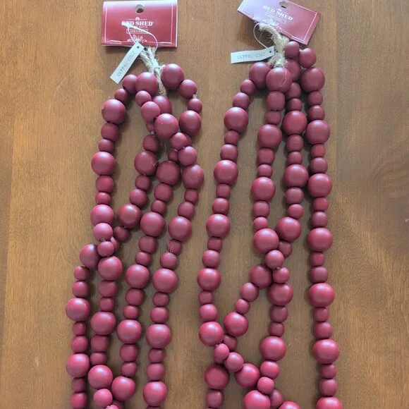 NWT Red Shed Home & Gifts Red Wood Beaded Garland 12 Feet (2, 6' Strands)