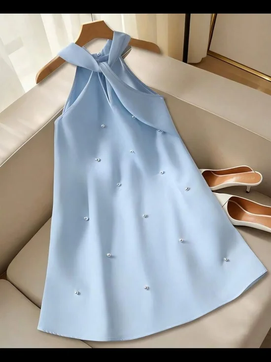 Pearl-Embellished Light Blue Halter Dress for Girls