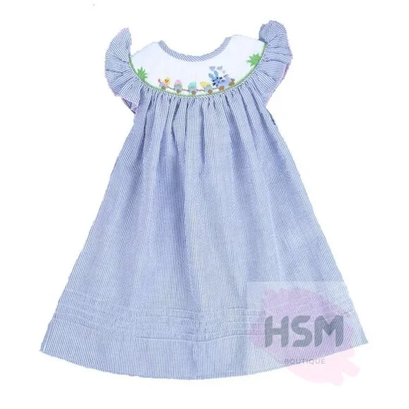 🐇Pinstripe Seersucker Embroidered Smocked Bunny Train Bishop Dress Blue 1622