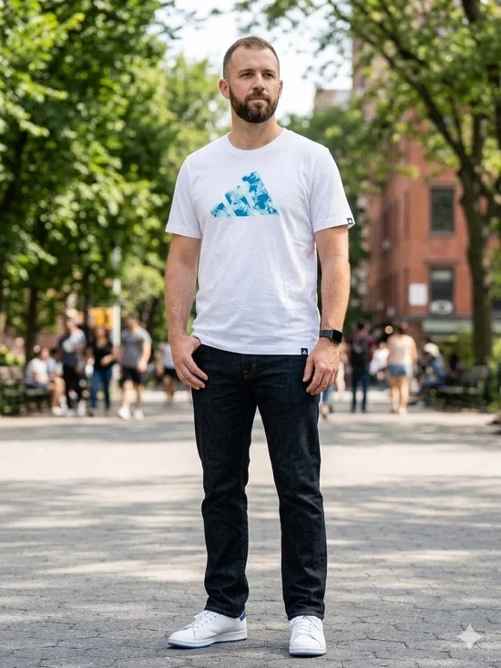 ADIDAS White Tee with Blue Aqua Logo Graphic. Size 1X