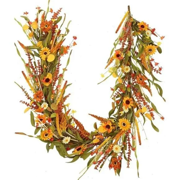 Fall Garland with Lights 6Ft Autumn Garland with Orange Daisy