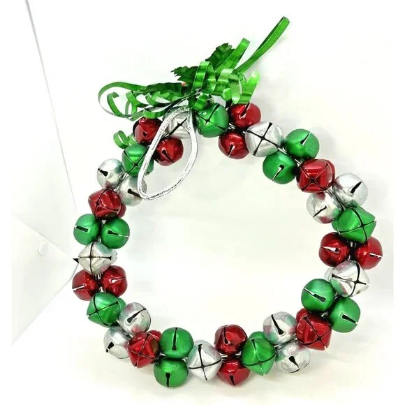 Christmas Jingle Bell Wreath Red Silver Green With Holly Accent Metal