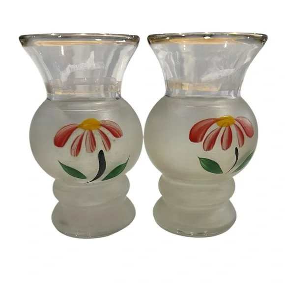 VTG - Bartlett Collins frosted glass vases - hand-painted pink flowers