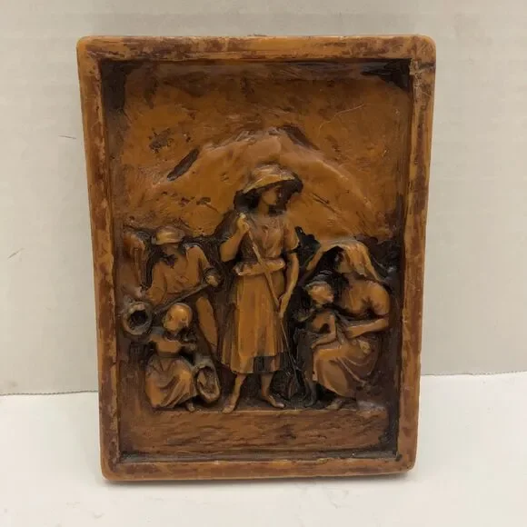 Antique German Bees Wax Relief Carving Wall Hanging 6.5”x5” Folk Art