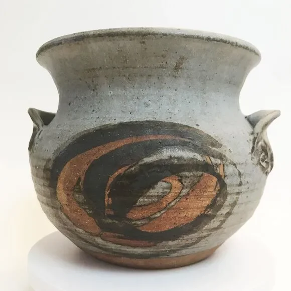 Signed Studio Stoneware Pot Gray MCM Abstract Round w Handles 7.5