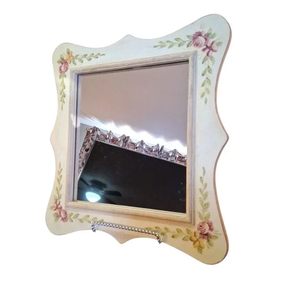 Cottage Core French Country Antiqued Green Pink Yellow Floral Wall Mirror 15.5