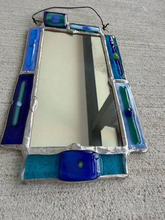 Vintage Fused Glass Wall Mirror Blue Green Stained Glass Style Handmade