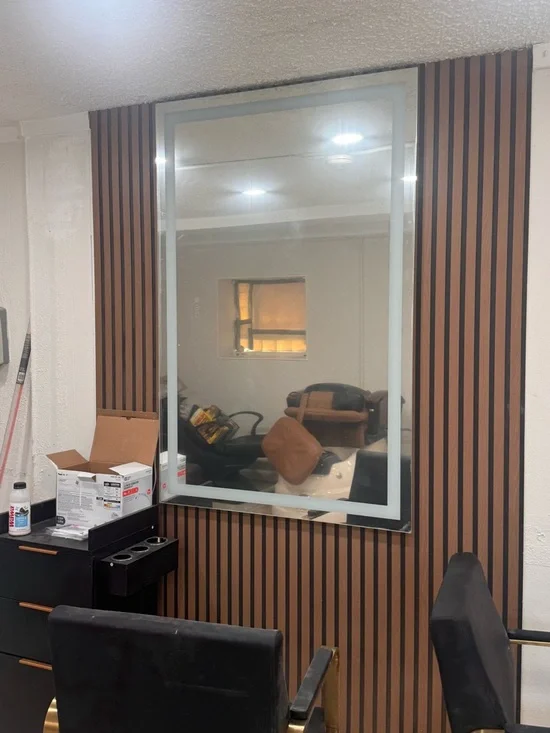 Modern Wall Mirror with Brown Slat Paneling - Unbranded