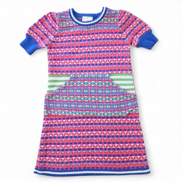 Hanna Andersson Girls 120 (7) Fair Isle Knit Dress Pink Blue Green Cotton