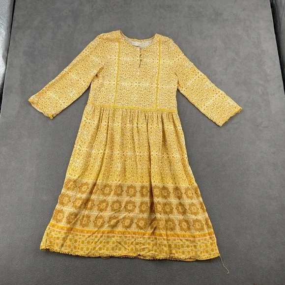 Zara A Line Dress Girls 13/14 Yellow Floral Boho Lace Trim Casual Long Sleeve