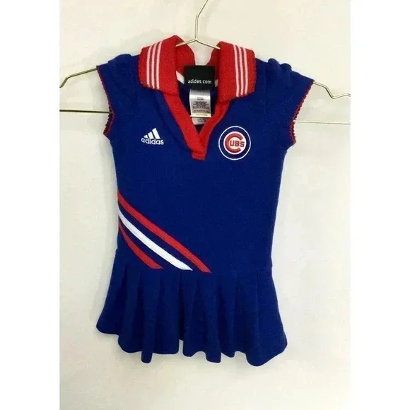 Vintage Adidas Girls Blue Red Chicago Cubs Collared Pleated‎ Polo Dress Size 18M