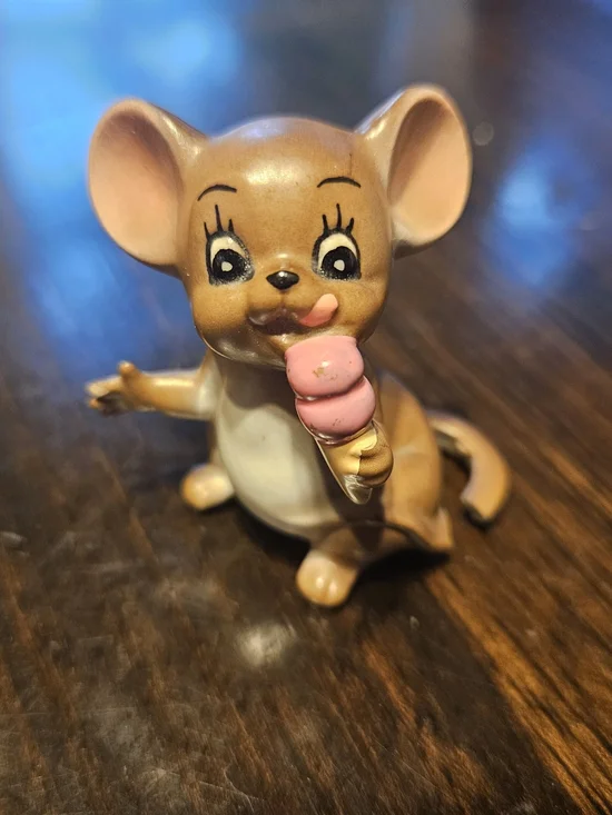 Vintage Brown Ceramic Mouse Figurine with Pink Ice Cream Treat