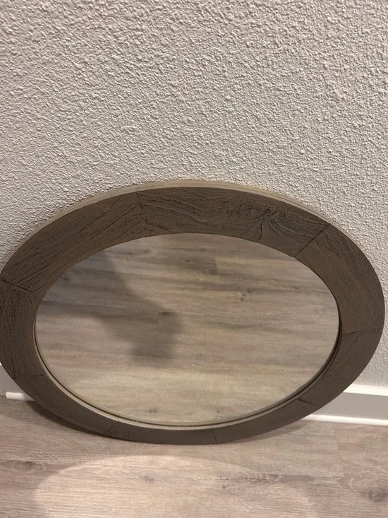 24” Round Wood-Framed Wall Mirror - Brown