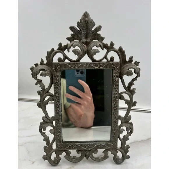 Vintage Ornate Cast Metal Scrollwork Vanity Mirror Tabletop Wall Hanging Pewter