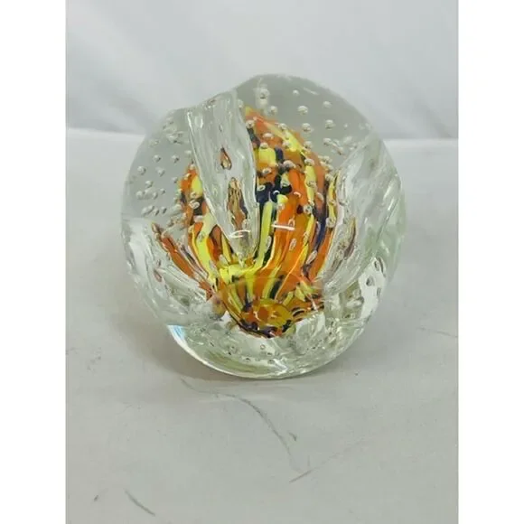 Art Glass Pencil Holder Glass Paperweight Pen Pencil flower Orange Yellow