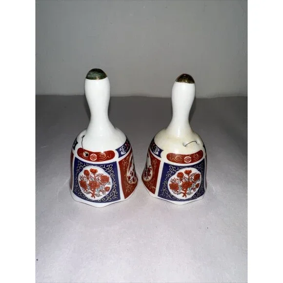 Set Of 2 Vintage Imari Small Porcelain Asian Flare Floral Bell Made In Taiwan