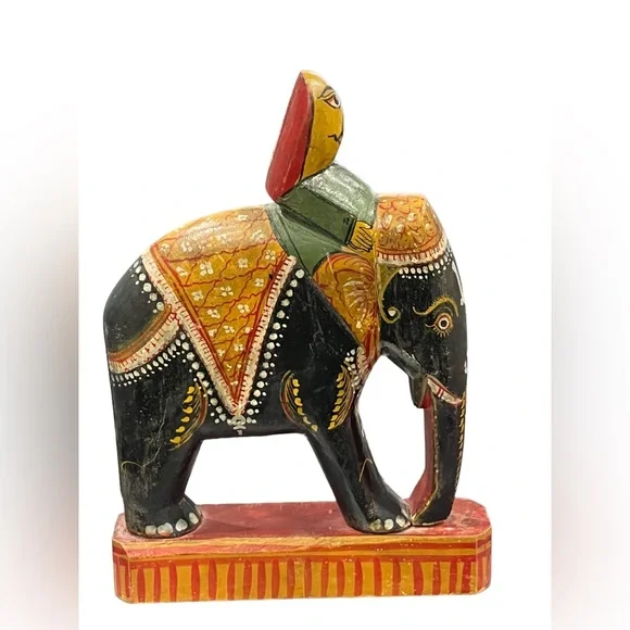 VINTAGE HANDMADE HANDPAINTED INDIAN‎ ELEPHANT FIGURINE WITH RIDER