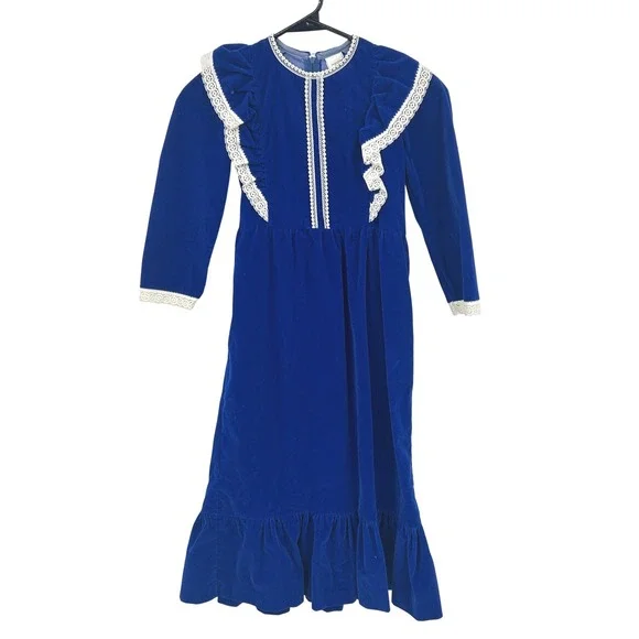Vintage Prairie Velvet Lace Ruffle Dress Girls 10-12 Blue Cottagecore Holiday