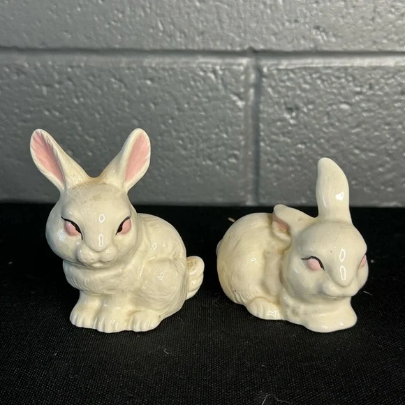 VINTAGE Ceramic Easter Bunny Figurines - Cream and Pink