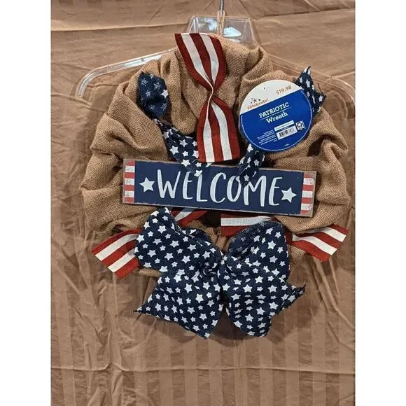 NEW Way to Celebrate Patriotic Burlap Welcome Wreath 18'