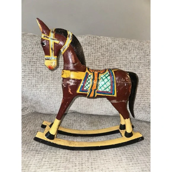 Vintage‎ Wooden Rocking Horse - Hand Carved, Painted 18 by 16 - Nursery Decor