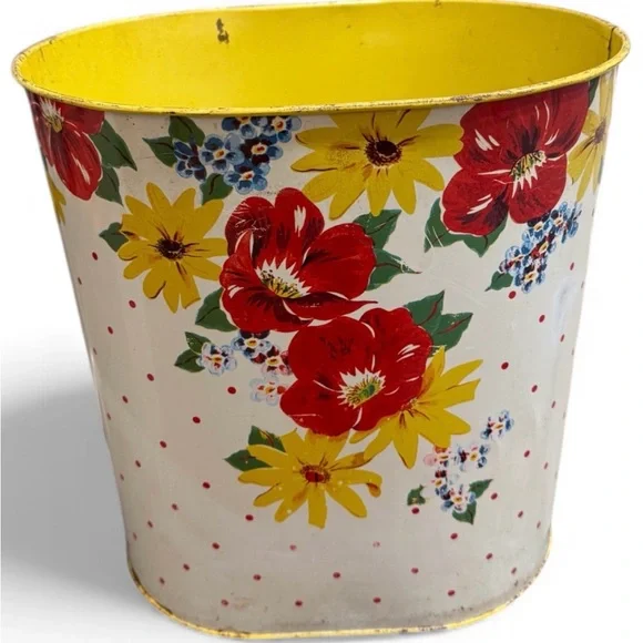 1950's Retro N.C. Color Ware Yellow & White Floral Metal Waste Bin