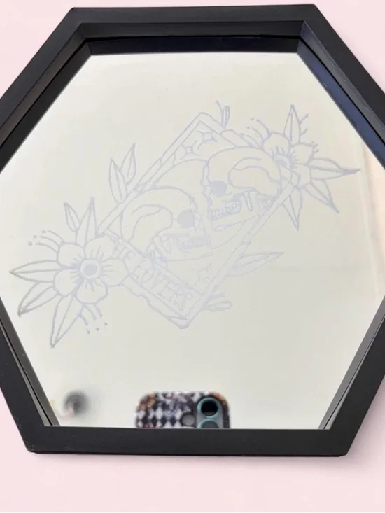 Black Hexagon Wall Mirror with Etched Skull Floral Design