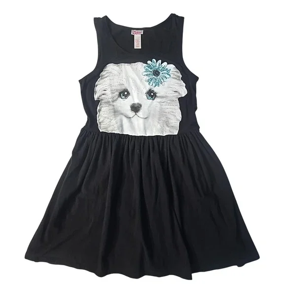 Justice Tank Dress Kids Size 10 Black Puppy Graphic Glitter Sequin‎ Puppycore