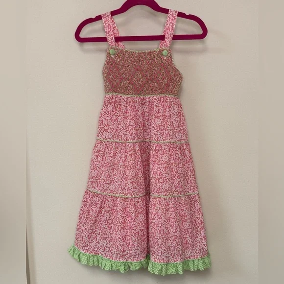 Beaux et Belles: Girls Pink & Red Smocked Floral Dress, Size 6