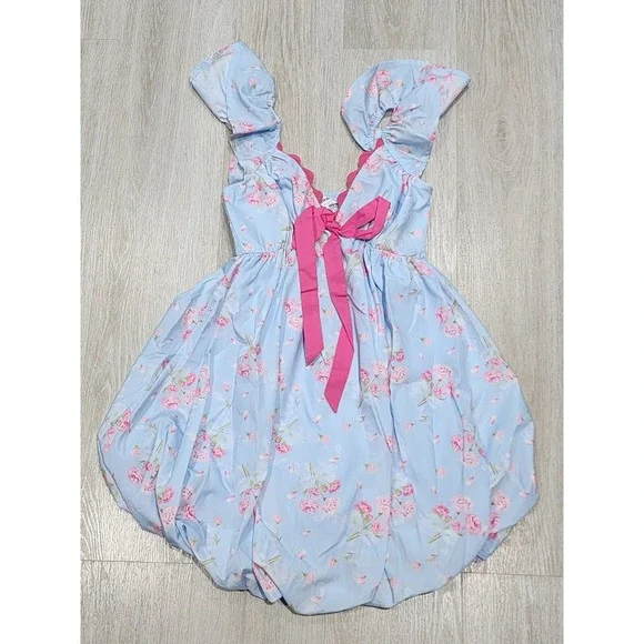 Rareraw Tutu Dress Girls S Sky Blue Pink Floral Flutter Polyester Off-Shoulder