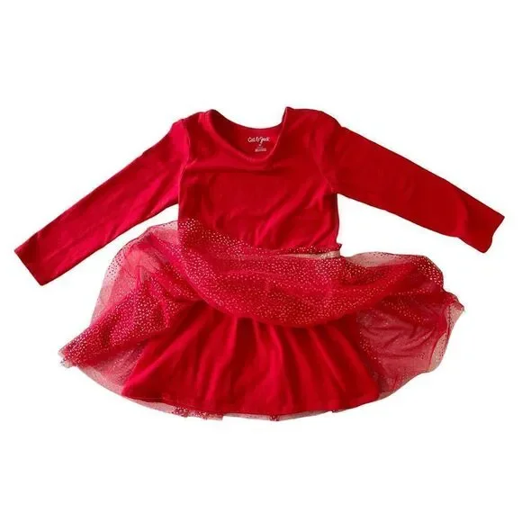 Girl’s Fancy Red Cotton T-shirt Dress with Gold Sparkle Tuile Skirt. 4T Cat & J