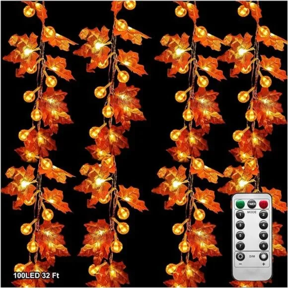 32Ft Fall Decor Lighted Maple Leaf Garlands Thanksgiving Halloween Fall
