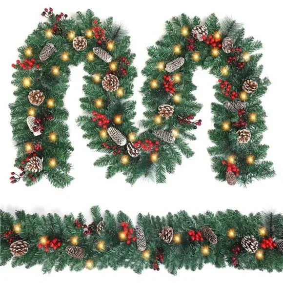 9FT Christmas Garland with Lights ，Battery Operated Lighted Garland with Pine