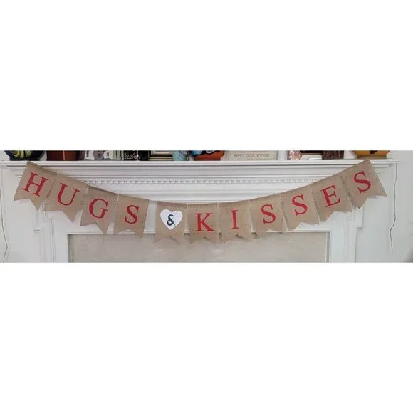 Hugs and Kisses Burlap Banner Valentine's Day Engagement Wedding Reception NEW